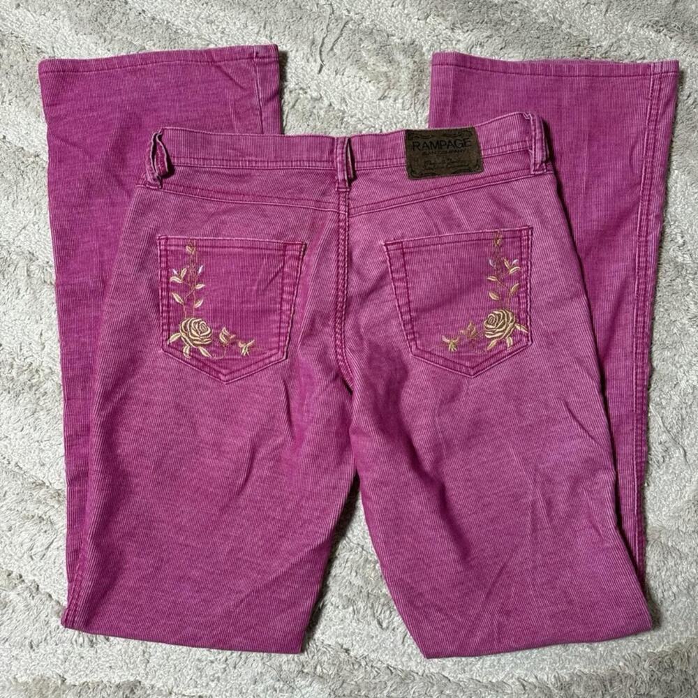 Vintage Rampage Y2K Low Rise Pink Corduroy Flare Rose Embroidered Pants Size 5